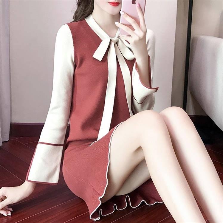 Knit dress female long sleeves autumn new bow tie color trumpet sleeves slim bottoming sweater skirt