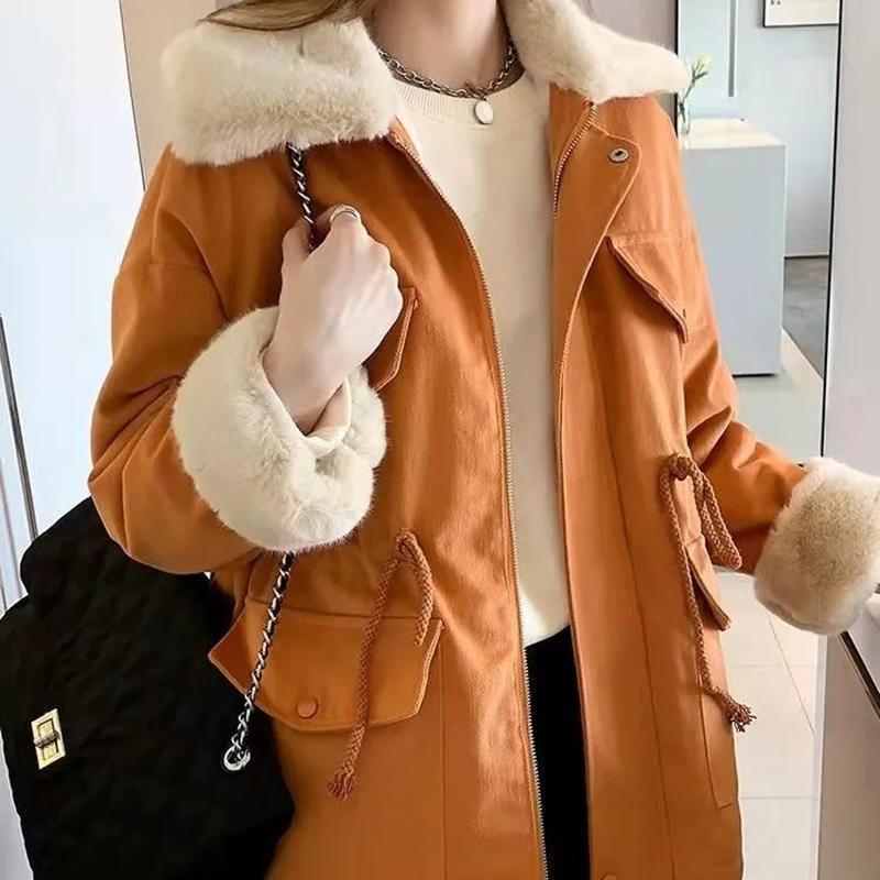 Women's Winter Plus Velvet Thickened Mid-length Cotton Coat Loose Drawstring Korean Style Cotton Coat Jacket Tooling Pie To Overcome Jacket Casual Top