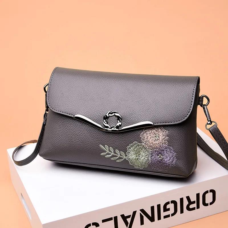 Female Crossbody Bags Women Shoulder Messenger Bags Casual Portable PU Leather Multi-Layere Embroidered