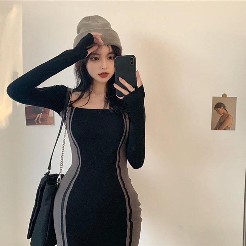 Spring Long-sleeved Dress Contrast Color Stitching Square Neck Dress Is Thinner Buttocks Skirt with Bottoming Skirt Female