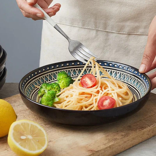 Nordic Style Simple Ceramic Plate Thread Pitted Household Dish Steak Plate Dark Green Salad Plate Disc