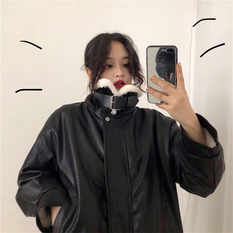 Women's Thick Loose Motorcycle Clothing Fur Collar Leather Women's Fashion Casual Thick Coat