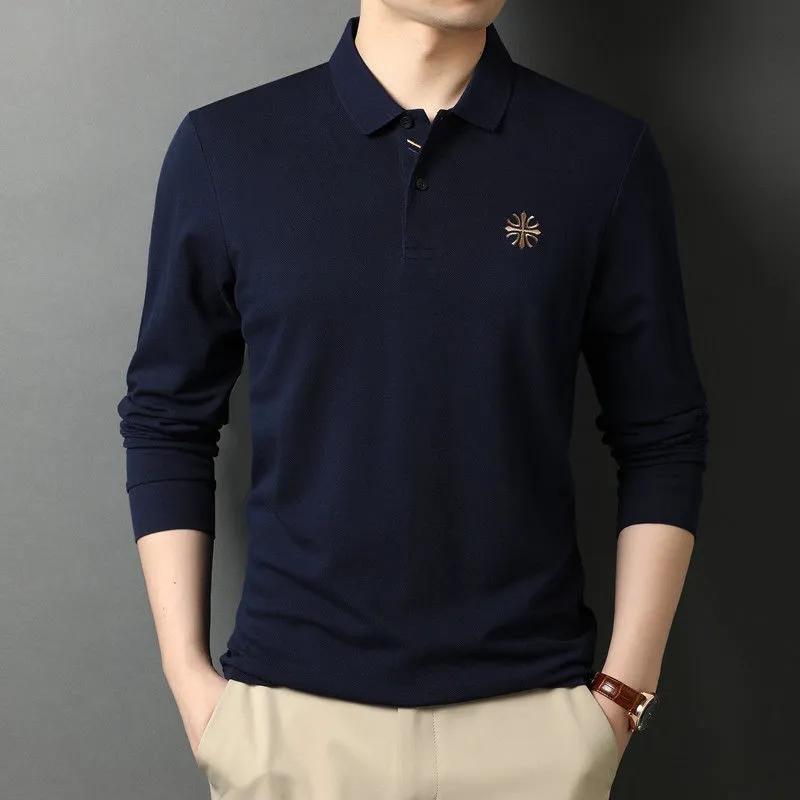 Men's Embroidered Top Long Sleeve Polo Shirt Spring and Autumn Thin Lapel T-Shirt Loose Solid Color All Match Casual Bottom Polo Shirt
