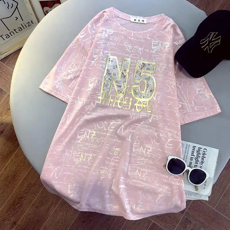 Mid-length Short-sleeved T-shirt Women's Loose Pullover All-match Blouse Ladies Loose Casual Round Neck Short-sleeved Shiny Surface