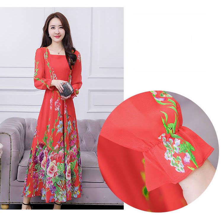 Big swing skirt long skirt spring and autumn plus size floral dress chiffon long sleeve dress