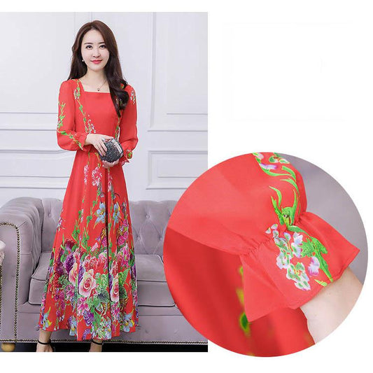 Big swing skirt long skirt spring and autumn plus size floral dress chiffon long sleeve dress