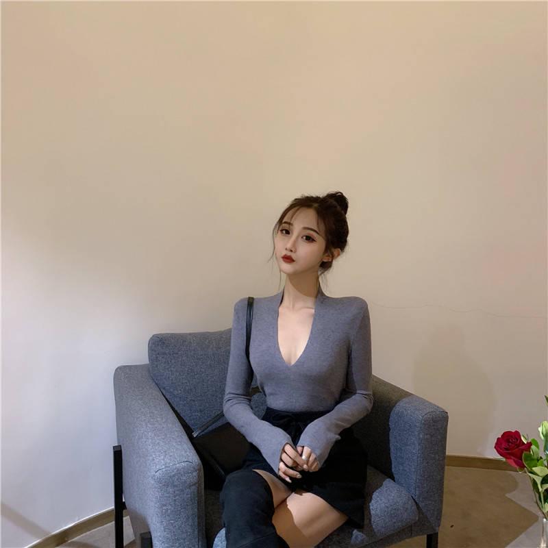 Pofulove Spicy Girl Must-have Sexy Deep V-neck Bottoming Sweater Solid Color Fit Pullover Knitwear