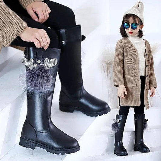Children's Boots Autumn and Winter Girls' Plush Boots Large Size Solid Color Cartoon Butterfly Snow Boots