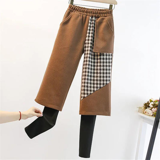 Plus Size Women's Autumn and Winter Look Thin Fake Two-piece Leggings Plus Velvet Thick Fat Sister Plaid Woolen Wide-leg Pants