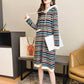 Autumn Winter Boho Sweater for Women Mid-length Vintage Ethnic Striped Sweater Dress Women Loose Long-sleeve Hooded Pullover Knitted Sweater Coat