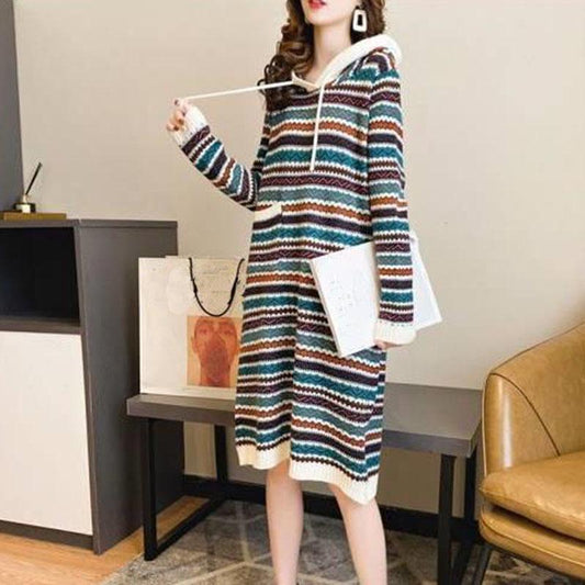 Autumn Winter Boho Sweater for Women Mid-length Vintage Ethnic Striped Sweater Dress Women Loose Long-sleeve Hooded Pullover Knitted Sweater Coat