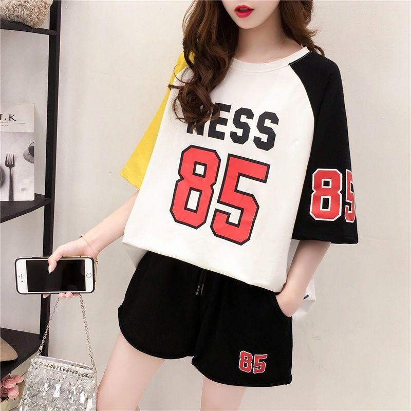 Two-piece Sportswear Suit Women's Summer Suit Round Neck Short-sleeved Top Loose Shorts Summer Ladies Suit Sweet and Cute
