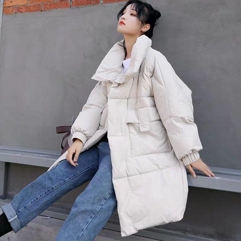Winter Mid-length Loose Cotton Coat Ins Style Solid Color Casual Jacket Stand Collar Thickened Female Coat
