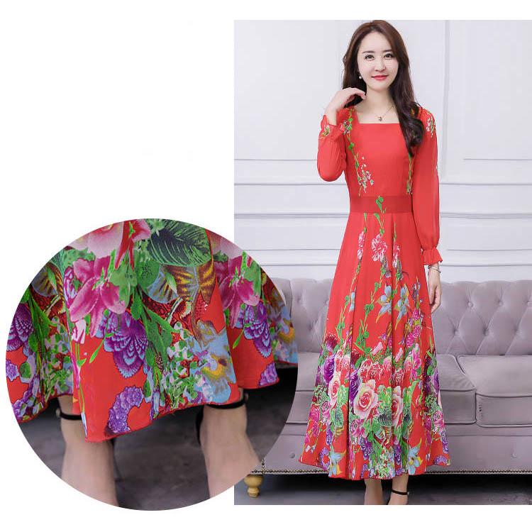 Big swing skirt long skirt spring and autumn plus size floral dress chiffon long sleeve dress