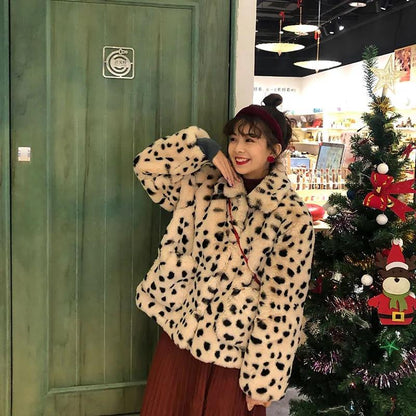 Autumn and Winter Women's Lapel Leopard Print Coat Fleece Fur Coat Thick Warm Faux Fur Coat Large Size Coat