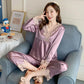 Women's Long Sleeve Silk Polyester Pajamas Spring Autumn Sexy Ladies Ice Silk Thin Lace Homewear Set Loose Breathable Pyjamas Solid Glossy Nightgowns