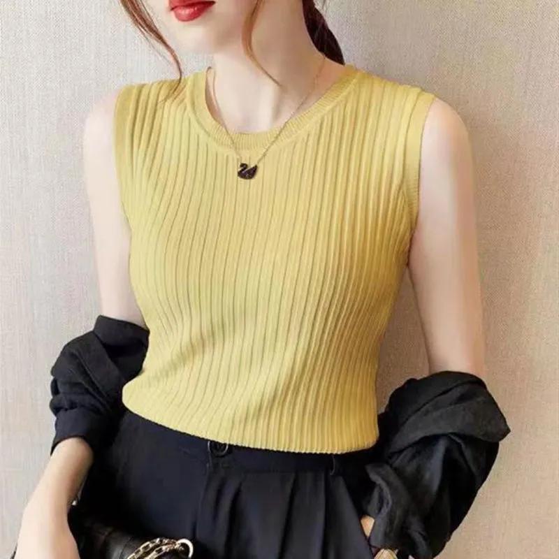 Summer Women Tops Solid Color Blouses Slim Sleeveless Tee Shirt Plus Size White T-Shirt Female Knitted Stretch Top