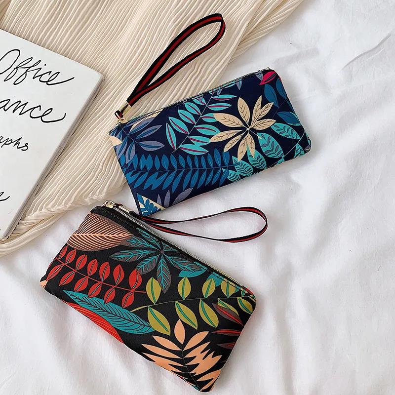 Women Clutches Printing Canvas Bag Portable Handbag Multi-Layer Wallets with Coin Pocket Zipper Purse