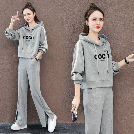 Hooded Long-sleeved Hoodie Wide-leg Pants Two-piece Women's Suit Cotton Casual Sportswear Loose and Comfortable Cotton Suit