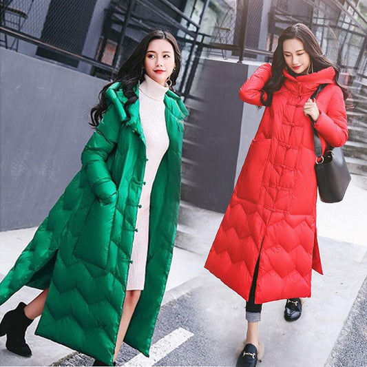 Winter White Goose Down Jacket Women's Lengthened Over-knee Loose and Comfortable Warm Disc Button Coat