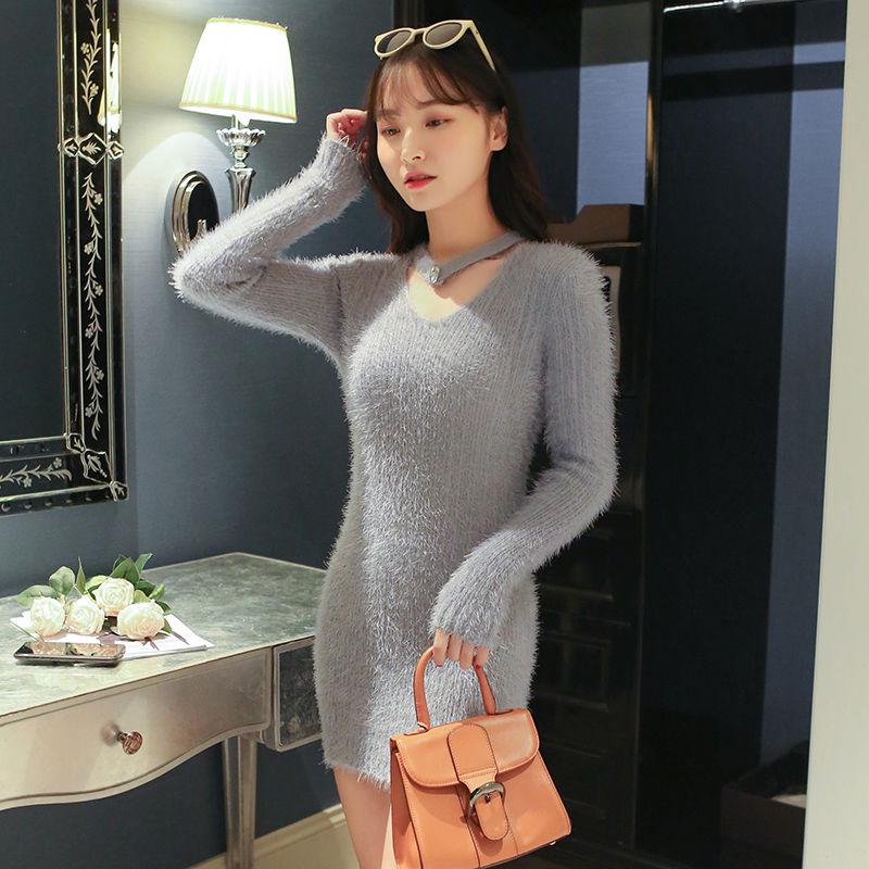 Winter Sweater Dress for Women Stretch Knitted Dress Female  Sexy Wrap Dress Long Sleeve Tight V-neck High Waist Bottoming Bodycon Dress