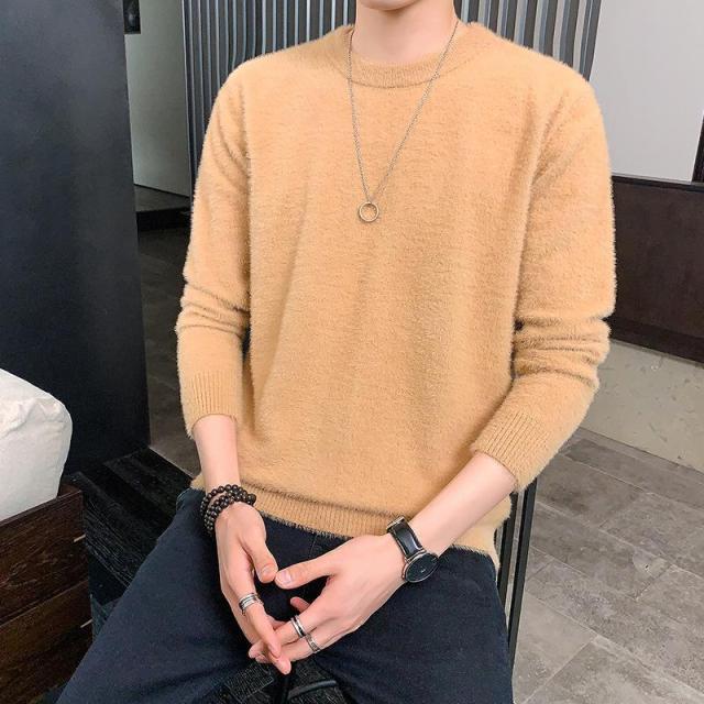 Fall/Winter Men's Sweater Base Sweater Imitation Mink Fleece Warm Knit Sweater Round Neck Pure Color Casual Loose Pullover
