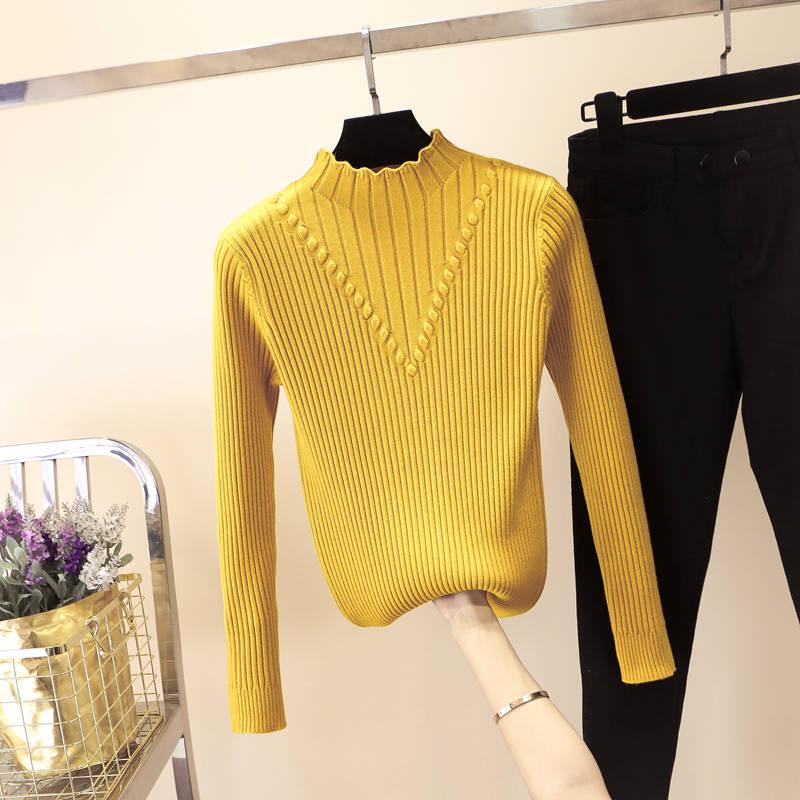 Half High Neck Women's Sweater Korean Fashion Plus Fleece Sweater Student Loose Thick Base Shirt