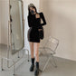 Spring Long-sleeved Dress Contrast Color Stitching Square Neck Dress Is Thinner Buttocks Skirt with Bottoming Skirt Female