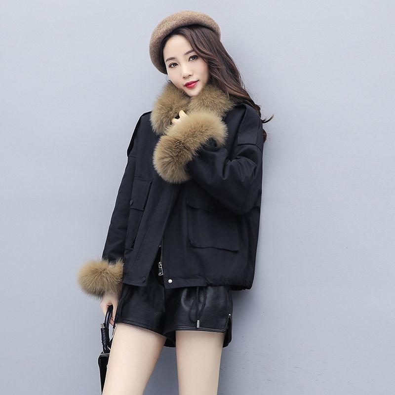 Parker Overcome Female Imitation Fox Big Fur Collar Lamb Wool Short Frock Coat with Velvet To Keep Warm and Comfortable