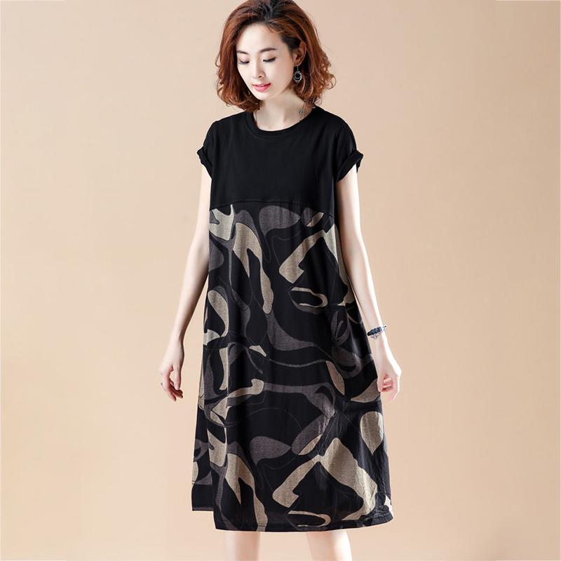 Large Size M-XXXXL Summer Printing Stitching Polyester Short-sleeved Knee-length A-line Dress