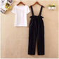 Ladies Casual Suit Two-piece Tooling Loose Overalls + Round Neck Short-sleeved T-shirt Ladies Suit Casual Suspender One-piece Wide-leg Pants