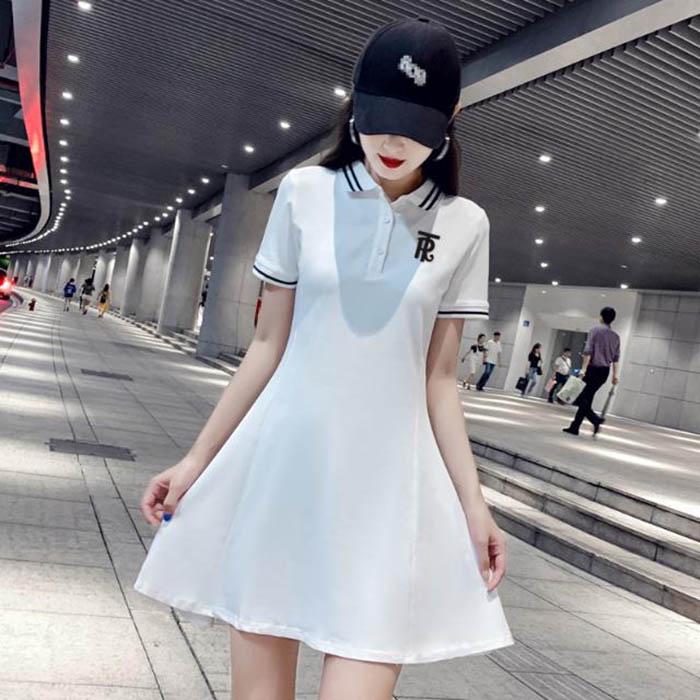 Pofulove S-2XL Women Summer Short-sleeved A-line Dress Student Slim Long Sports POLO-neck T-shirt