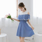 Ladies Off-shoulder Loose Mid-length Dress A-line Version Dress with Waist Slimming Ruffled Sweet and Cute Ladies Off-shoulder Dress