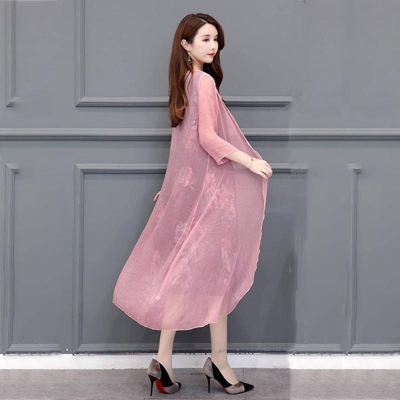 Women's Sun-Dress Summer Chiffon Cardigan Calf Length Solid Color Ruffle Thin and Light Tracksuit  Beach Sunscreen Air-conditioned Rooms