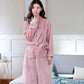 Women's Autumn Winter Coral Fleece Nightgown Mid-length Flannel Bathrobe Solid Color Striped Pocket Belted Dressing Gown Long Sleeves Thick Warm Robe