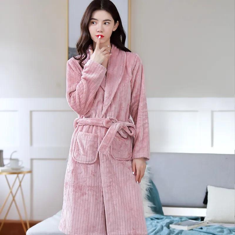 Women's Autumn Winter Coral Fleece Nightgown Mid-length Flannel Bathrobe Solid Color Striped Pocket Belted Dressing Gown Long Sleeves Thick Warm Robe