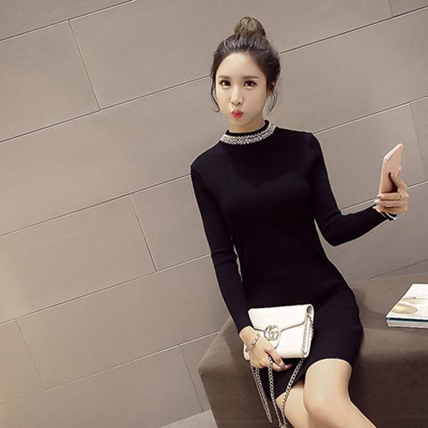 Autumn and Winter Slim Korean Jacket Mid-length Long-sleeved Sweater Bag Hip Knitted Dress