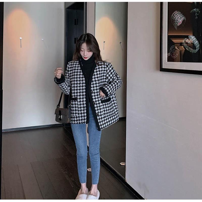 Little Fragrant Houndstooth Jacket Women Autumn and Winter Black and White Plaid Loose Short Thick Woolen Coat