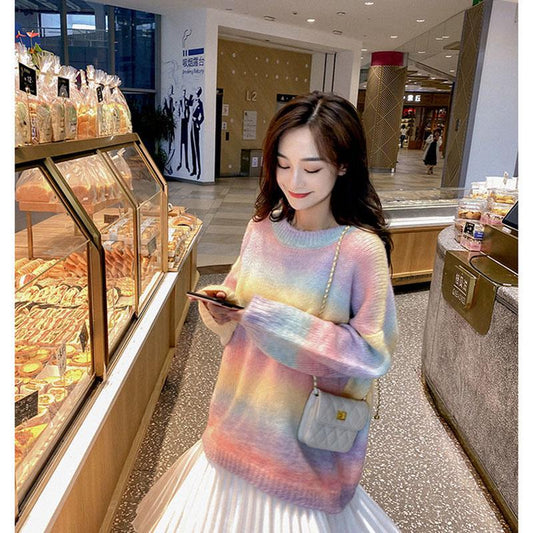 Japanese Color Sweater Women Loose Casual Pullover Rainbow Stripe Schoolgirl Knit Sweater