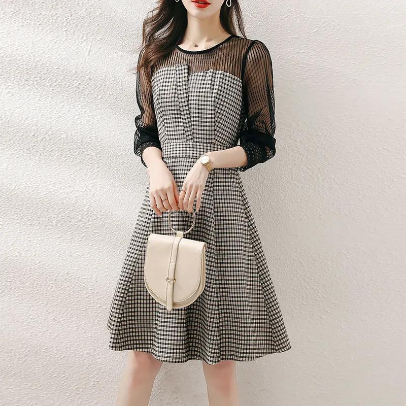 Dress Women's 2021 Spring and Autumn Waist Waist Slimming Plaid A-line Dress