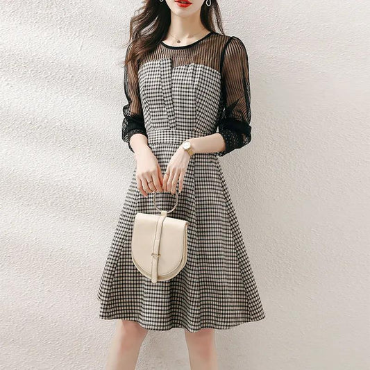 Dress Women's 2021 Spring and Autumn Waist Waist Slimming Plaid A-line Dress