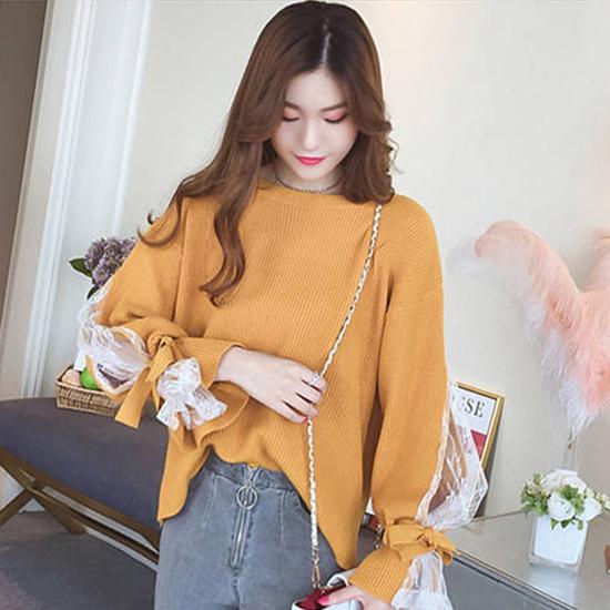Women Charm Crew Neck Lace Bow Cuffs Base Knitwear Skin-friendly Loose Girly Jumper Sweater