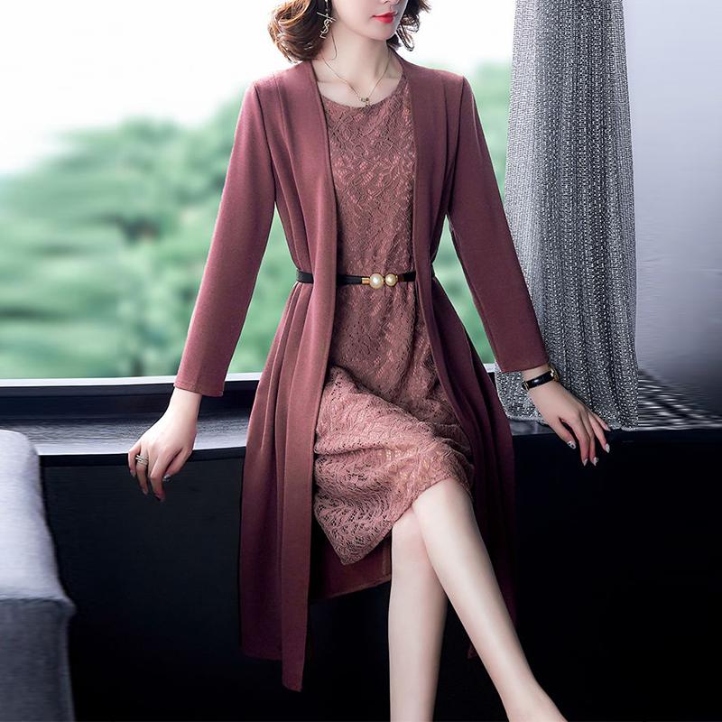 Summer Autumn Stylish Women Vintage Long Sleeve Loose Sundress 2021 Casual Maxi Dress Solid Party Two Piece