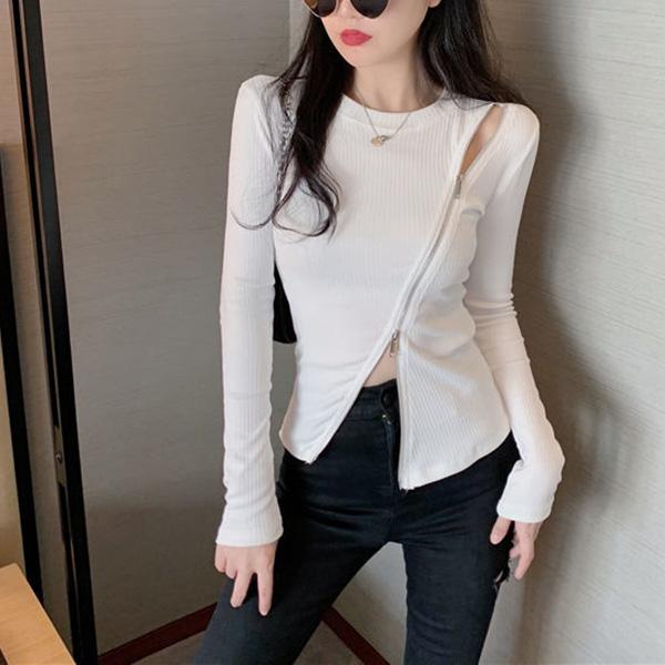 Niche Design Zipper Long-sleeved T-shirt Long-sleeved Slim Bottoming Shirt Round Neck Solid Color Fashion Top