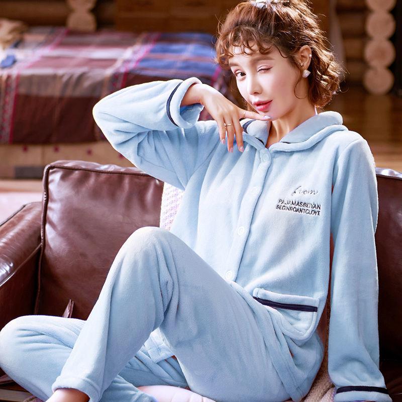 Pajamas Women's Coral Fleece Thickening Ladies Flannel Suit Long-sleeved Plus Size Winter Home Service Will Not Shed Hair and Will Not Fade
