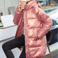 Down Cotton Jacket Winter Thicken Warm Loose Fashion Color Glossy Disposable Stand Collar Mid-length Cotton Jacket Women