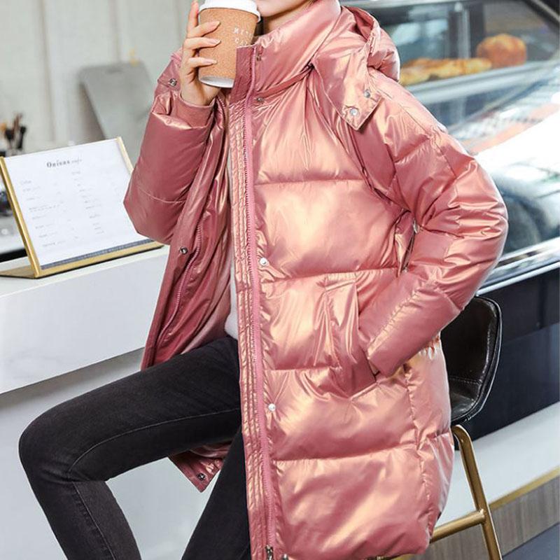 Down Cotton Jacket Winter Thicken Warm Loose Fashion Color Glossy Disposable Stand Collar Mid-length Cotton Jacket Women
