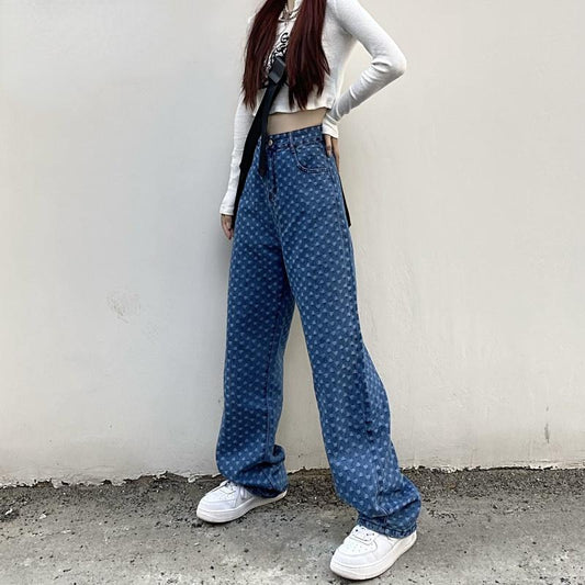 Retro Jacquard High Waist Wide Leg Pants Jeans For Women Loose Ins Style Staight Panton Female Long Trousers High Street Jeans