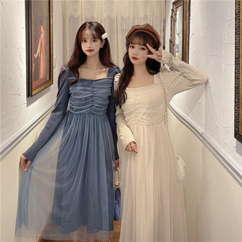 French Dress Korean Style Mid-length Long-sleeved Square Neckline Mesh  Receiving Waist Slim Skirt