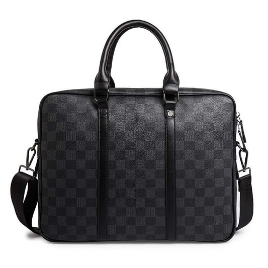 Business Briefcase Men Black Plaid PU Leather Zipper Waterproof Handbag Shoulder Bag Crossbody Bags